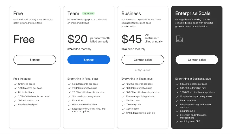 Airtable pricing, free, team, business and enterprise plans.