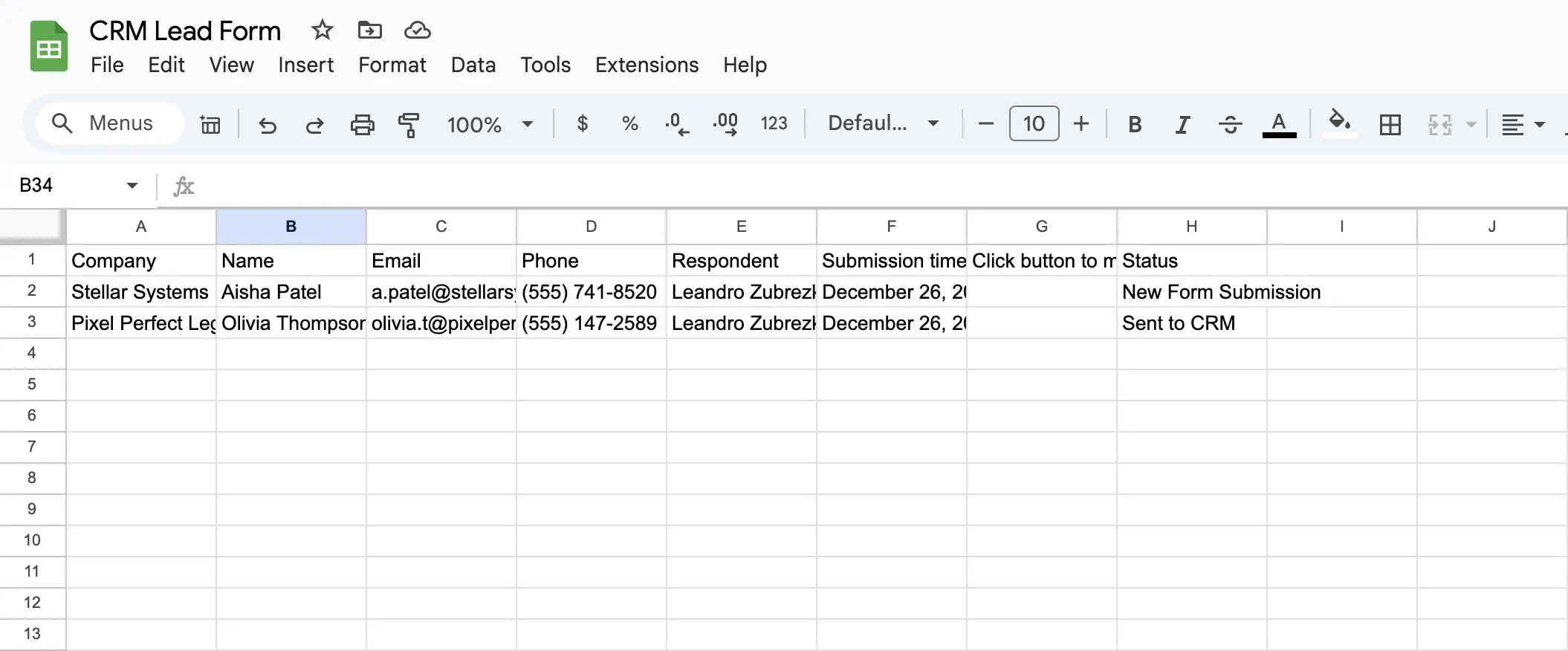 CRM Lead Form imported in Google Sheets