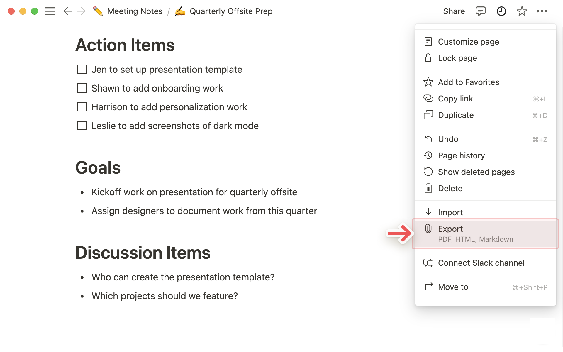 Ellipsis menu to Export Notion databases as CSV.