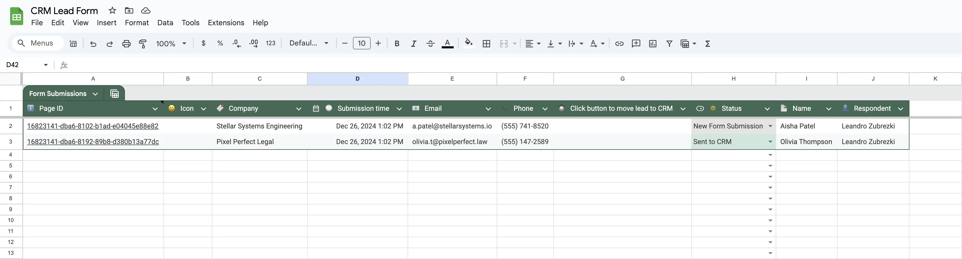 Form submissions in Google Sheets