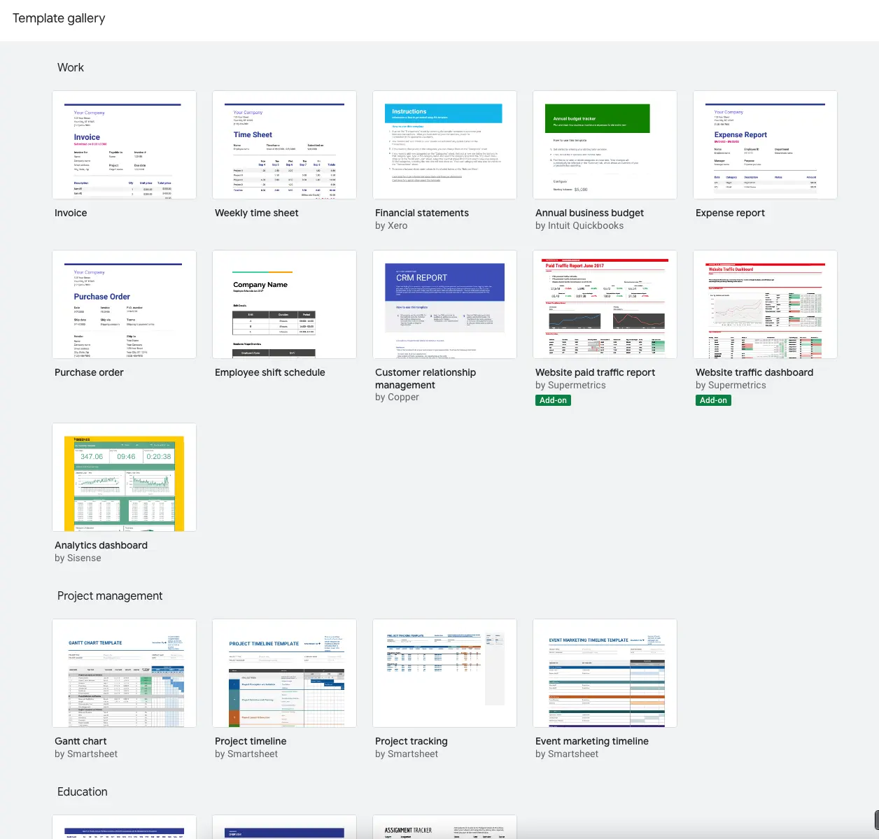 Google Sheets template gallery.