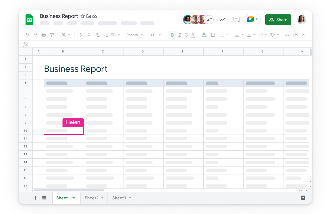 Google Sheets user interface showcasing a Business Report with multiple users.