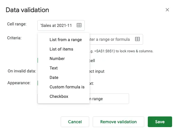 Google Sheets data validation.