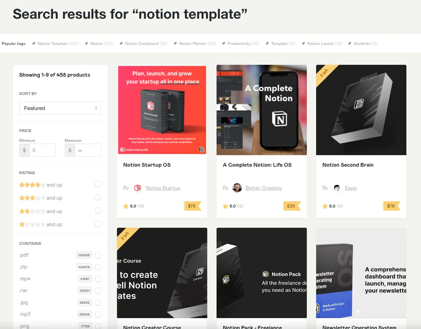 Search of Notion templates on Gumroad.