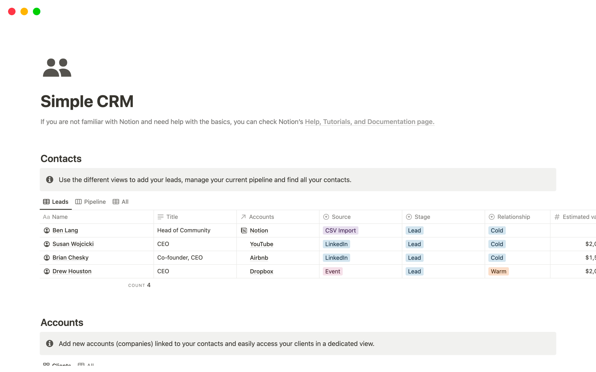 Simple CRM Notion template