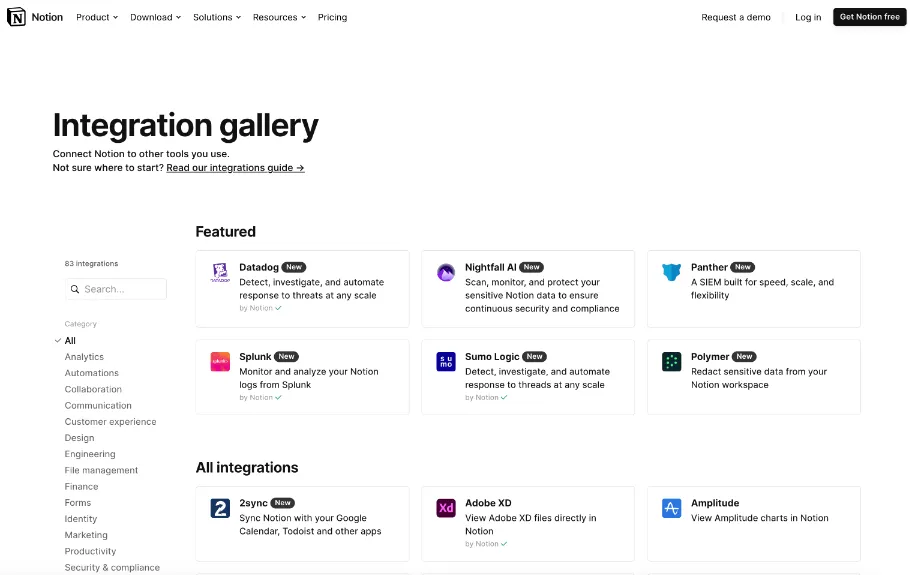 Notion integrations gallery showcasing different tools.