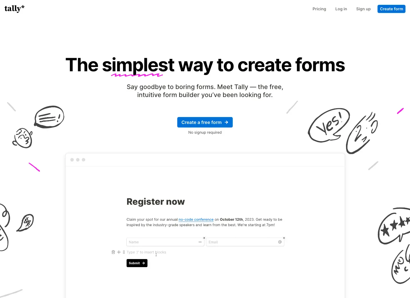 Tally landing page