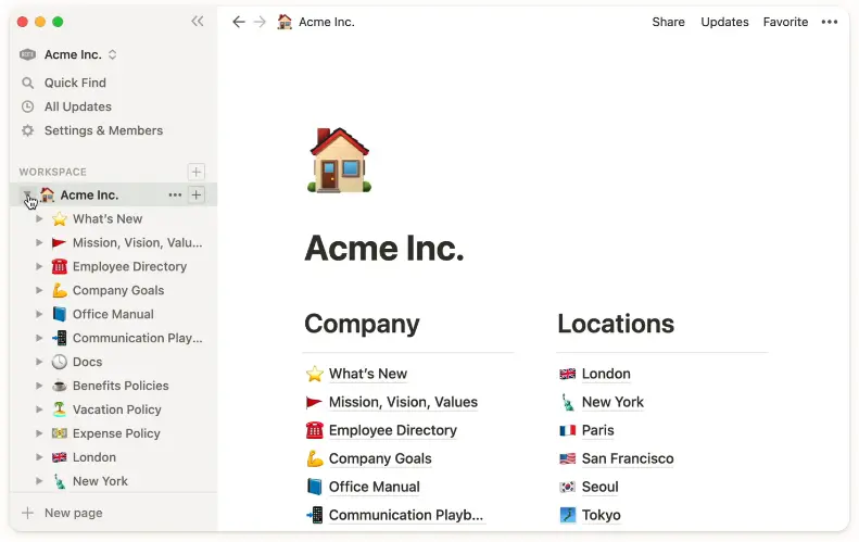 Notion example of a company workspace.