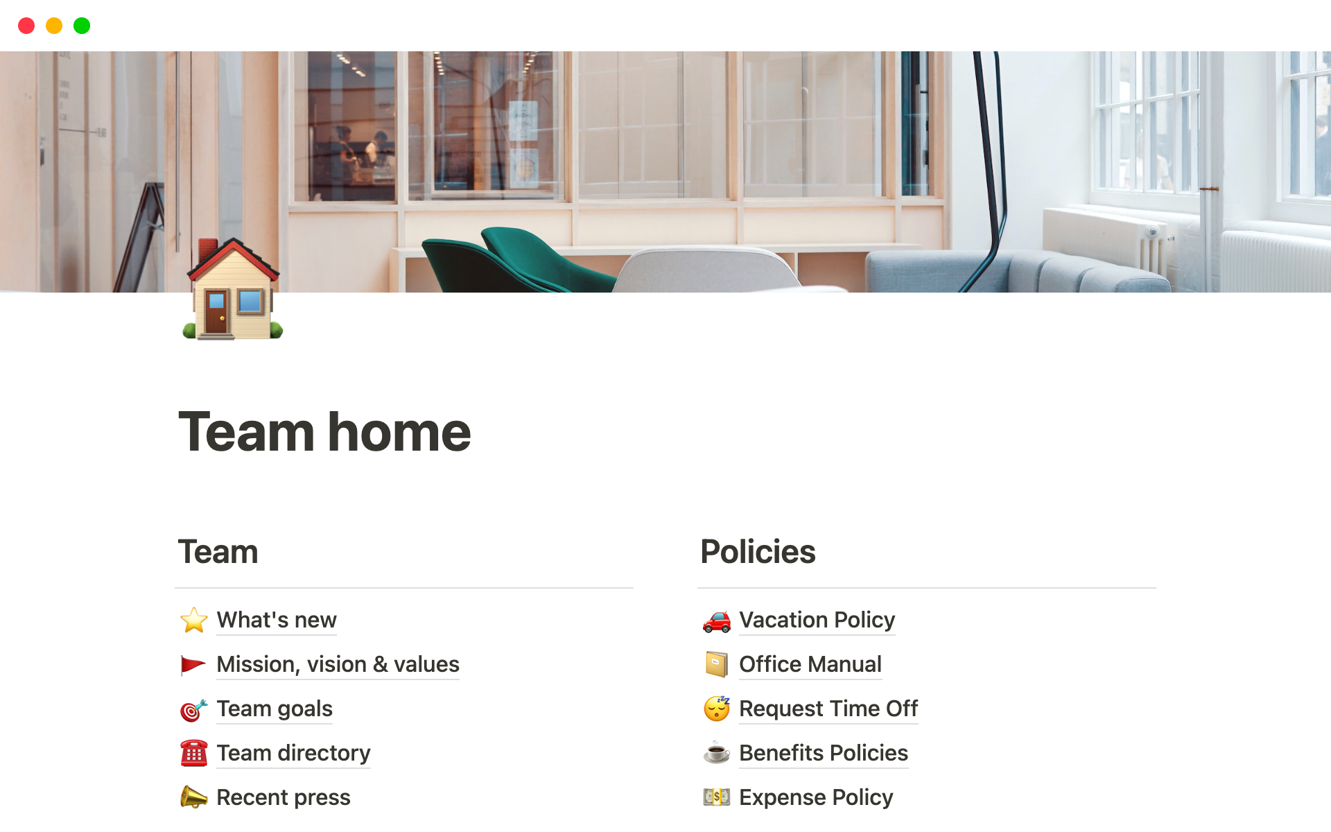 Team home in Notion with links to different sections.