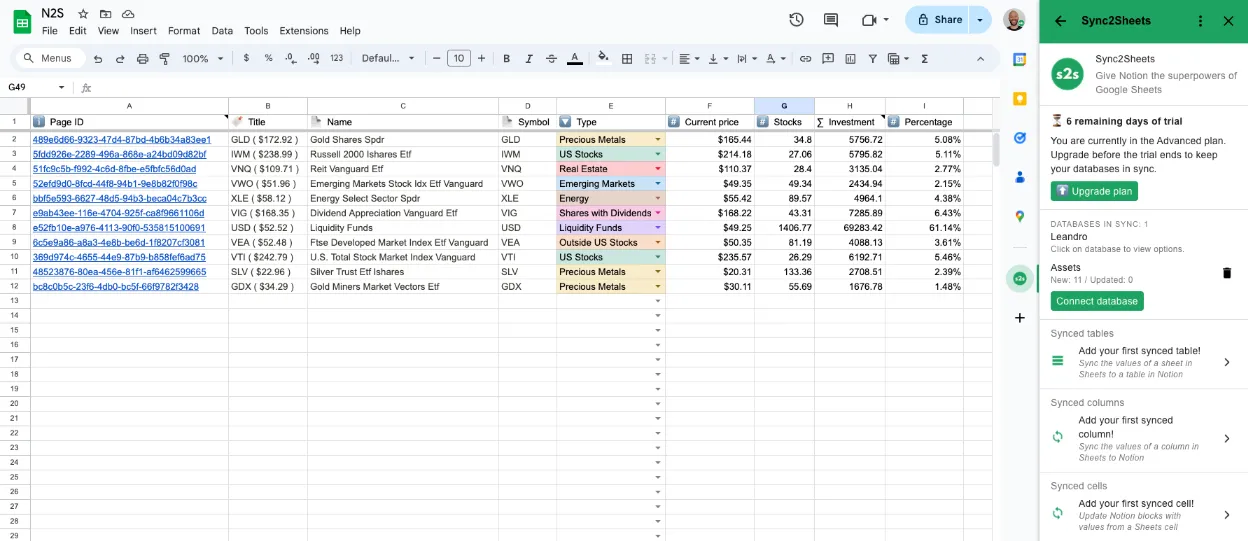 Full screen view of Sync2Sheets connected.